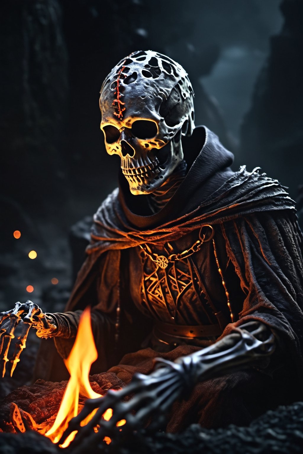 Generate hyper realistic image of a macabre scene of an undead pyromancer, wreathed in flames, casting dark fire spells amidst the skeletal remains of fallen foes. The background features a foreboding, lava-filled abyss, adding to the sinister ambiance of the Dark Souls universe. highly detailed, sharp focus.8k,photography style