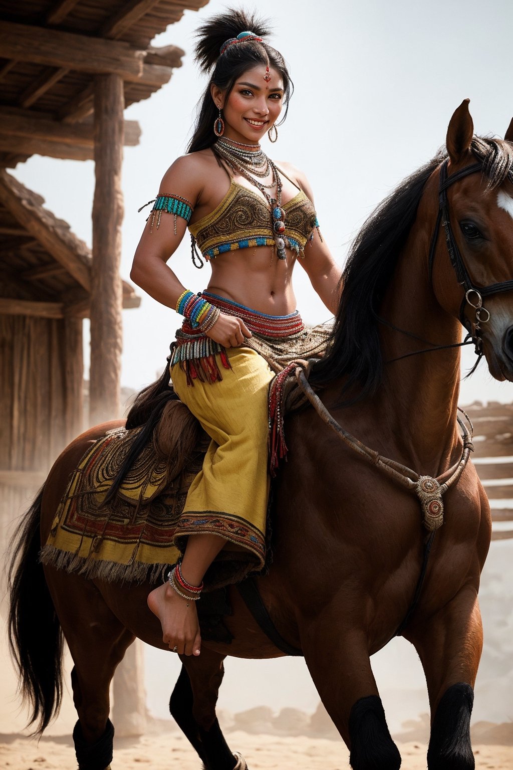 beautifull Apache warrior woman riding bareback on a paint horse, fierce, elegant, extremily gorgeous, visible up to the feet. (photo style), (soft Ornate style), (HDR 8K), ultra realisitic, ((photorealistic)), strong muscles of a cool (cool and mischievous girls dressed in tribal clothes) full-length, mischievous smile, (photorealistic environment), (cinema lighting) walkin next to the horses, messy hair, bright glowing caramel eyes, black hair,