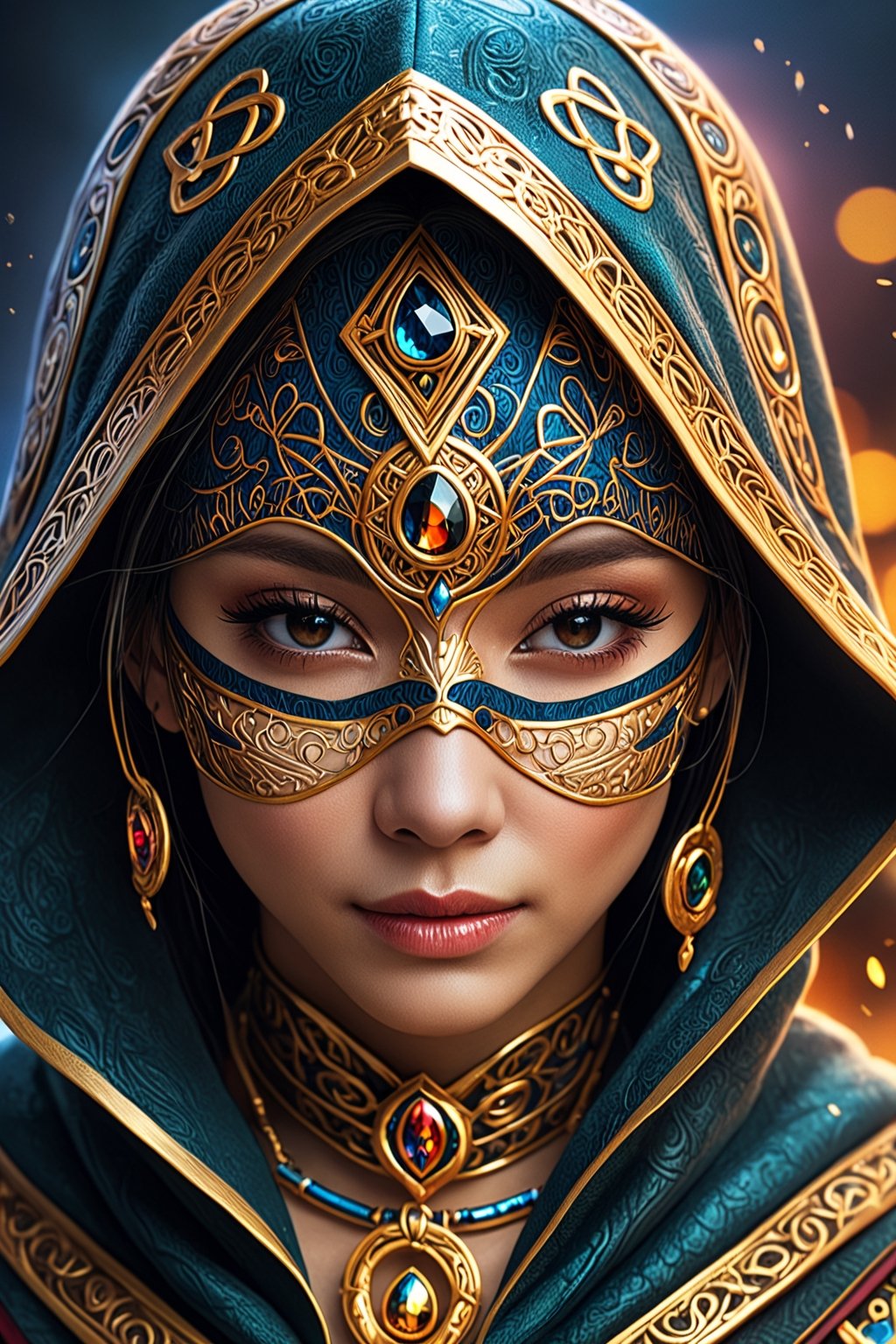 Full facial mask on a hooded female magician warrior adorned with asymmetric designs,closeup portrait, macro photo of miki asai, light smile, interwoven arcane and illuminati symbols including Eye of Horus, vibrant hues, hyperdetailed, elaborate craftsmanship, mysterious aura, digital painting, digital illustration, extreme detail, 4k, ultra HD.