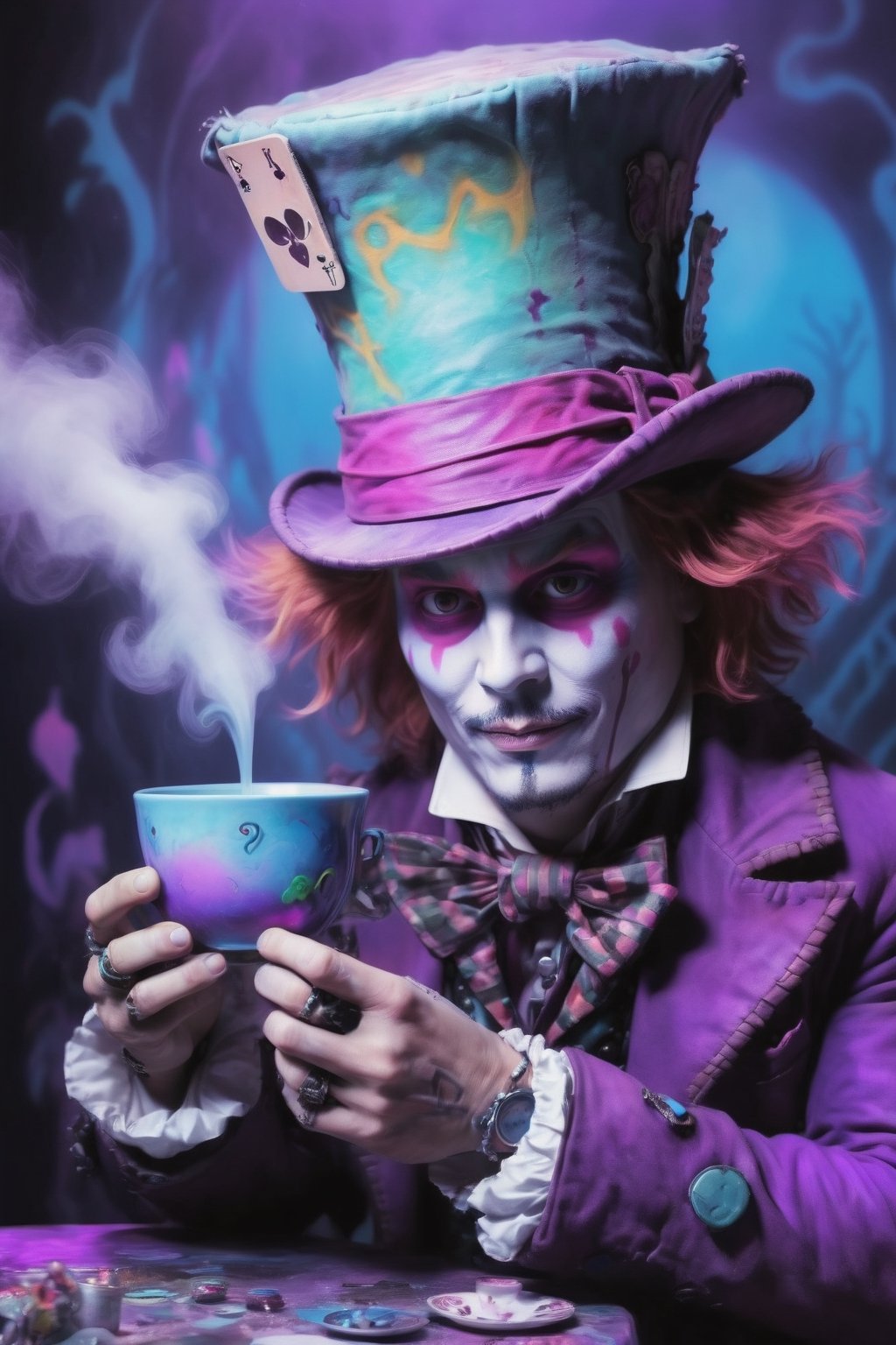 cyberpunk (mad hatter johnny depp in wonderland:1.3) holding a cup of tea,cyberpunk style,mysterious magical ground fog,bioluminiscent drink,graffito,mist,incredible detailed,soft neon light,cinematic,iridescent purple,vivid details,robotic bionic features,whimiscal toxic dust,hyperrealistic masterwork by head of prompt engineering 