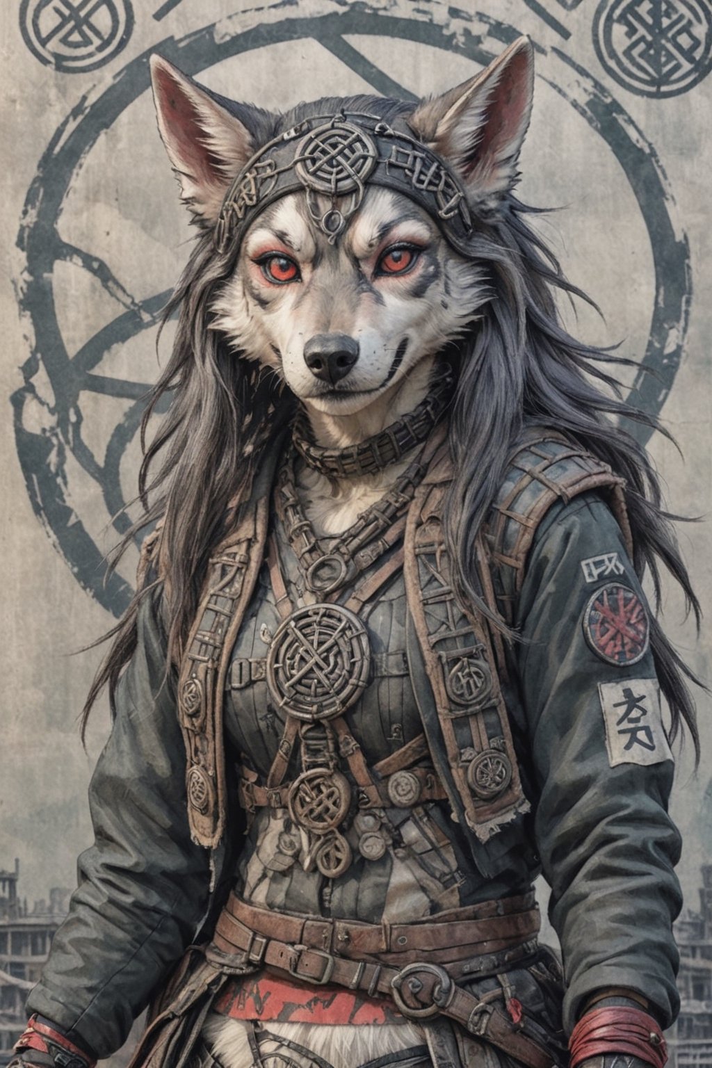 closeup  ukiyo-e, of loona hellhound , wearing post apocalyptic outfit  postapocalyptic background ,Ukiyo-e, knotwork, runes, Loona