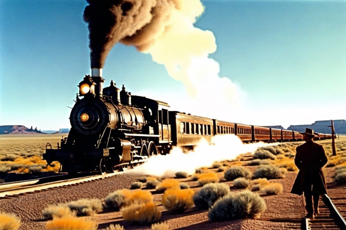 An old steam engine train traveling through the plains of arizona in the old west with a group of train robbers riding up on horses along side of the train. 1980 art by Adolf Menzel, ,Movie Poster,MoviePosterAF