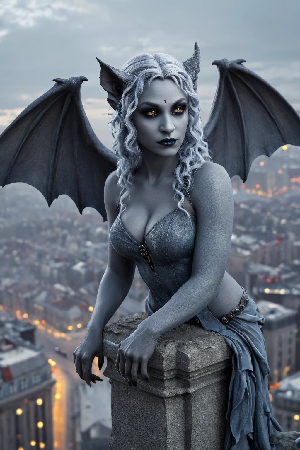 Highly detailed Captivating Gothic fantasy art masterpiece featuring an extremely beautiful gray skin female gargoyle with curly bluish hair standing high above the city leaning forward to watch the people down below. Style of artist Anne Stokes, this dramatic and beautiful portrait transcends into the realms of dark fantasy with intricate details., photo, 3d render, cinematic