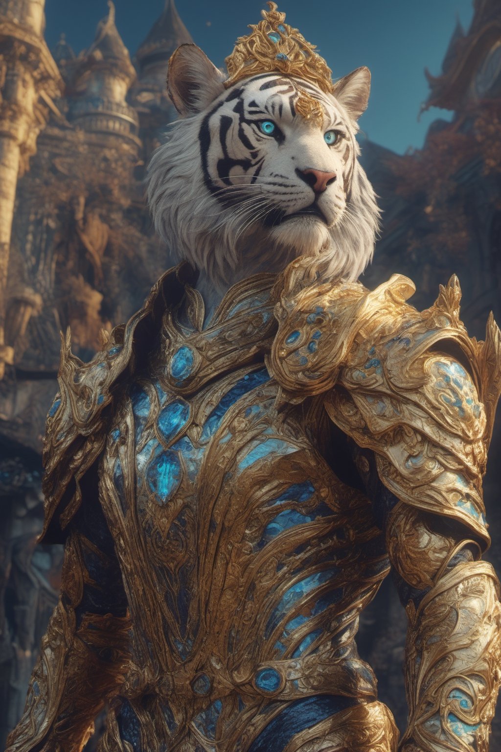 "tiger-like fenris crown prince handsome male humanoid character furry body sleek hero, victory dynamic pose shot, regal ornate enchanted bismuth armor”, photo award winner, detailed anime 3D painting, saturated jewel hues, epic rococo D&D fantasy castles sunrise godlike aura, art nouveau elaborate poster, chiaroscuro, 8K, UHD, perfecteyes, photo r3al, Masterpiece, more detail XL, DonMG414XL, Movie Still, ,glitter
