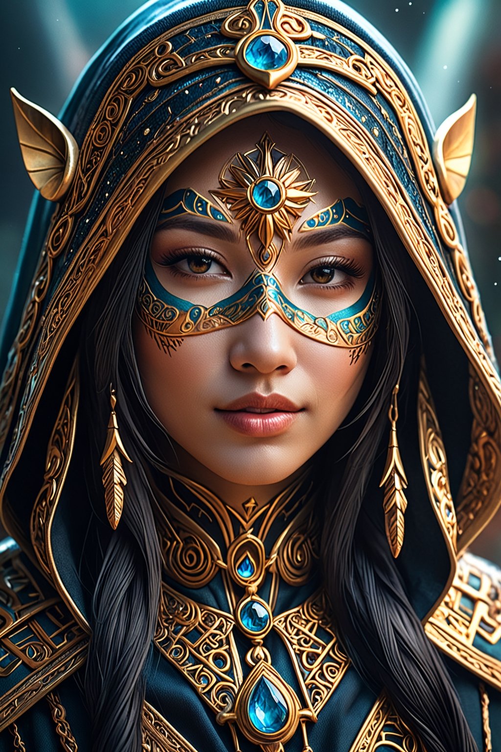 Full facial mask on a hooded female magician warrior adorned with asymmetric designs,closeup portrait, macro photo of miki asai, light smile, interwoven arcane and illuminati symbols including Eye of Horus, vibrant hues, hyperdetailed, elaborate craftsmanship, mysterious aura, digital painting, digital illustration, extreme detail, 4k, ultra HD.