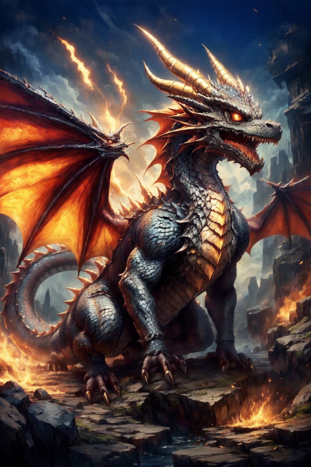 Generate hyper realistic DRAGON cub, Dragon cub made like the video game character Spyro, with dragon scales with a shiny purple and gold outline,  horns golden and two red wings,  it has four purple legs,  a charismatic personality,  a cunning look,  the dragon has the tip of its tail in the shape of a golden arrow
