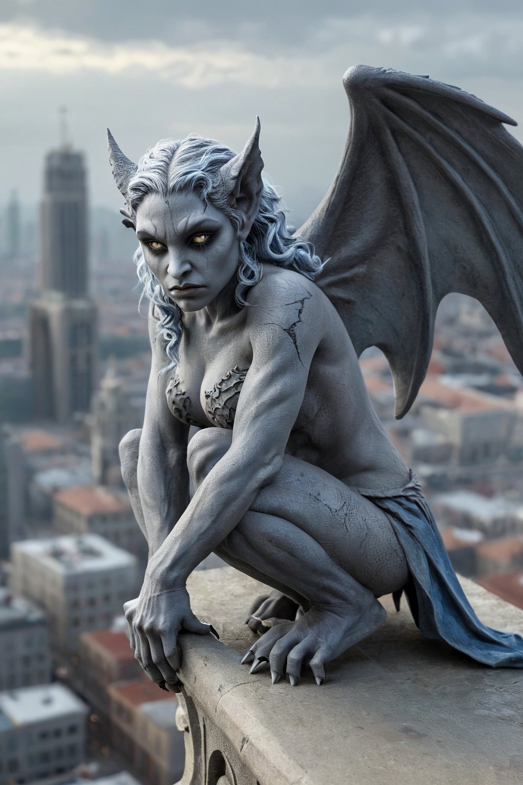 Highly detailed Captivating Gothic fantasy art masterpiece featuring a beautiful gray skin female gargoyle with curly bluish hair standing high above the city leaning forward to watch the people down below. Style of artist Anne Stokes, this dramatic and beautiful portrait transcends into the realms of dark fantasy with intricate details., photo, 3d render, cinematic