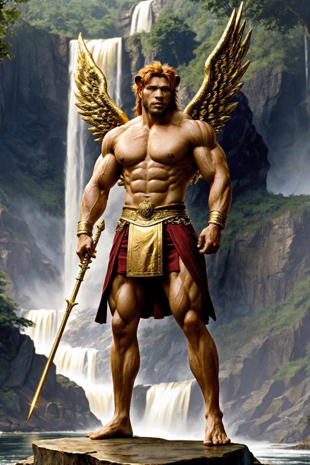 A muscular male Lionman with wings and a body of gold holding a large spear standing on a outcropping in front of a magnificent waterfall, Photorealistic quality