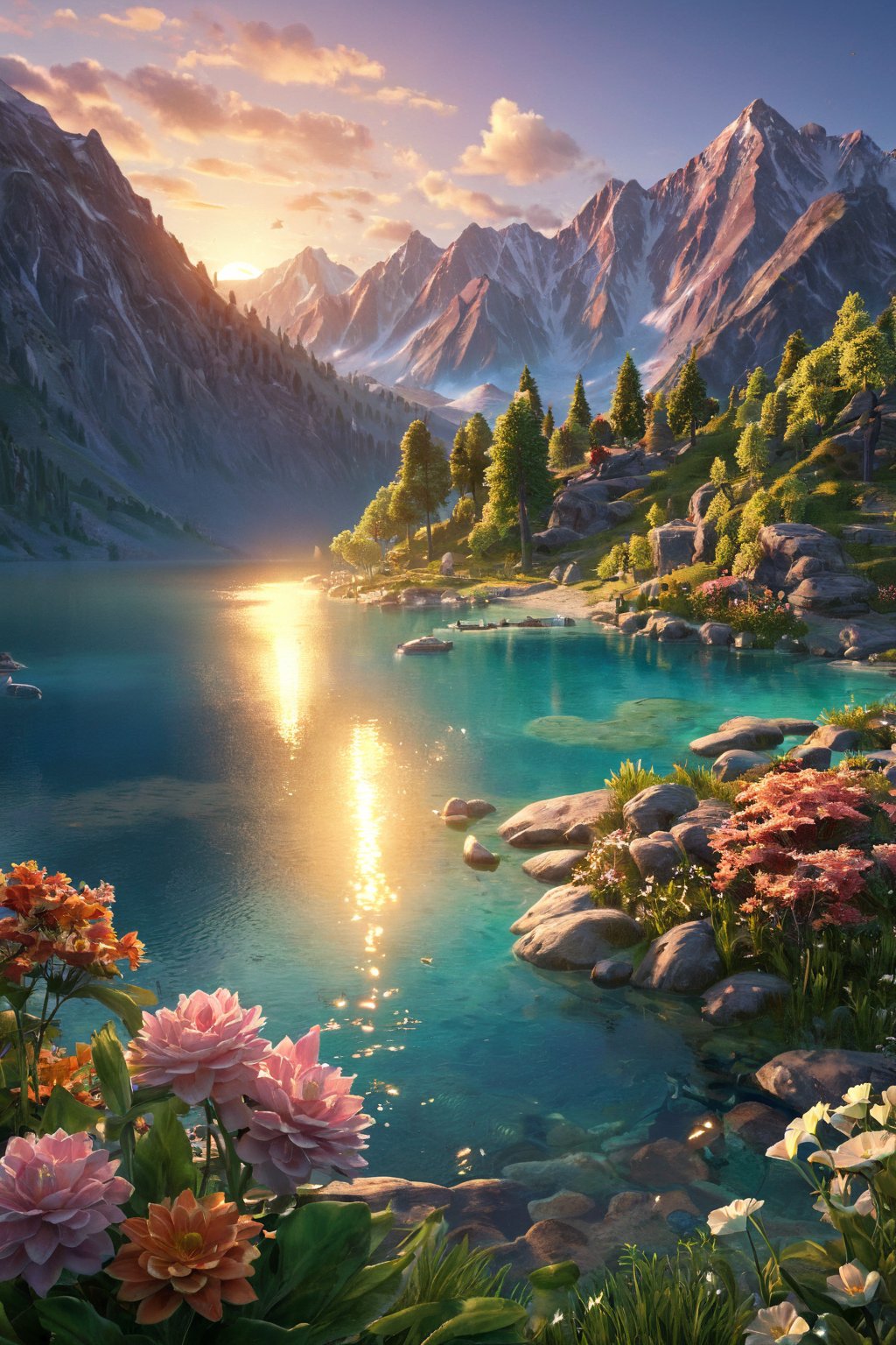 A visually stunning 3D creation, showcasing a breathtaking landscape with vibrant colors that burst from every element. The scene features an impressive mountain range, a serene lake with crystal-clear waters, and lush green forests that blend seamlessly into the sky. The sun casts a warm golden light over the scene, illuminating the flowers, trees, and water, creating an awe-inspiring, mesmerizing visual masterpiece.