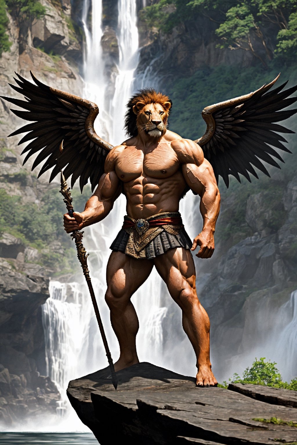 A muscular male Lionman with wings and a large spear standing on a outcropping in front of a magnificent waterfall, Photorealistic quality