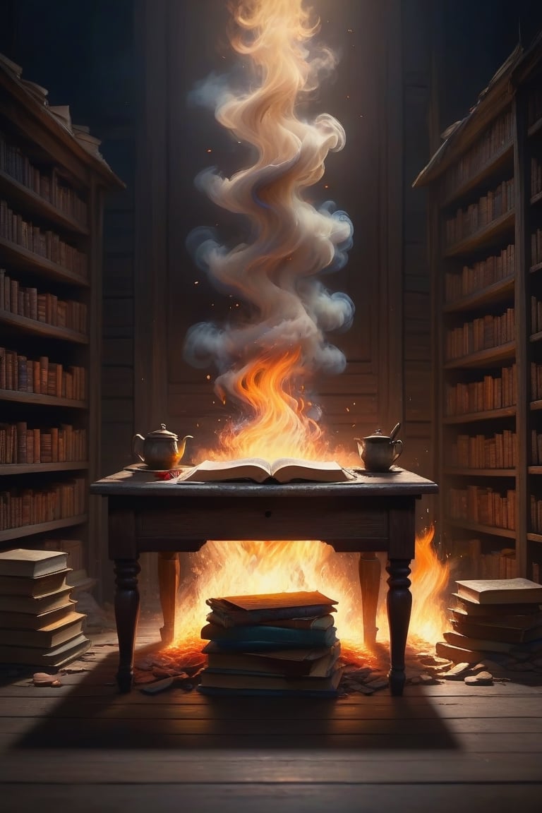 There is an old wooden desk in a small room under the dark sunlight. Old books of various sizes and colors are lined up on the desk.
A book rises into the air and burns to ashes