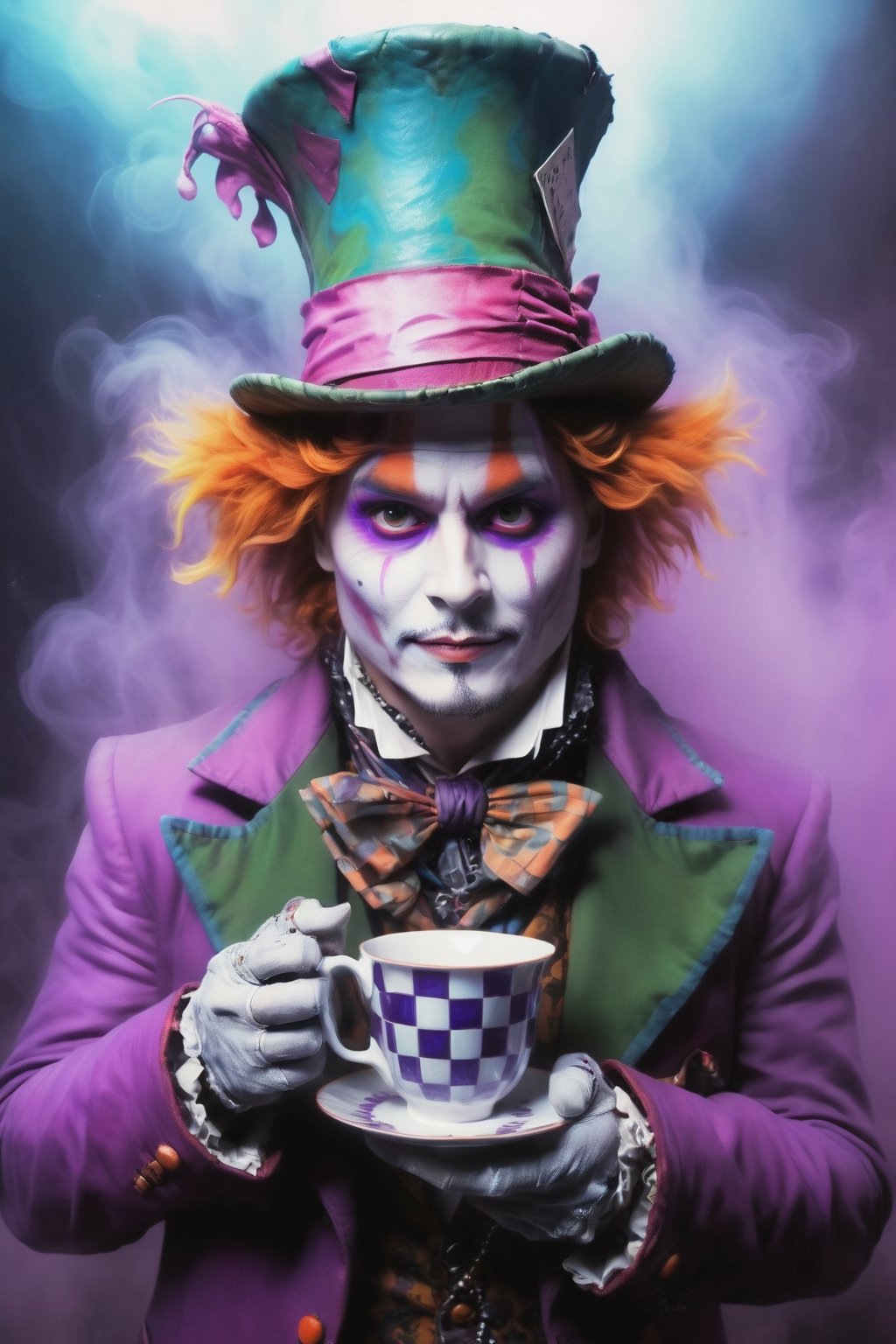 cyberpunk (mad hatter johnny depp in wonderland:1.3) holding a cup of tea,cyberpunk style,mysterious magical ground fog,bioluminiscent drink,graffito,mist,incredible detailed,soft neon light,cinematic,iridescent purple,vivid details,robotic bionic features,whimiscal toxic dust,hyperrealistic masterwork by head of prompt engineering 