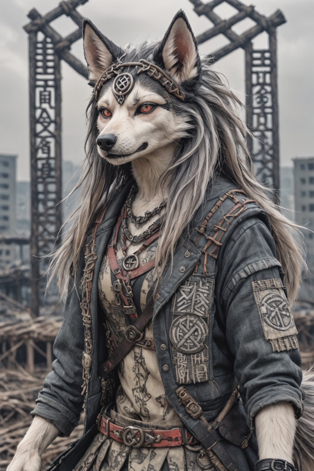 closeup  ukiyo-e, of loona hellhound , wearing post apocalyptic outfit  postapocalyptic background ,Ukiyo-e, knotwork, runes, Loona