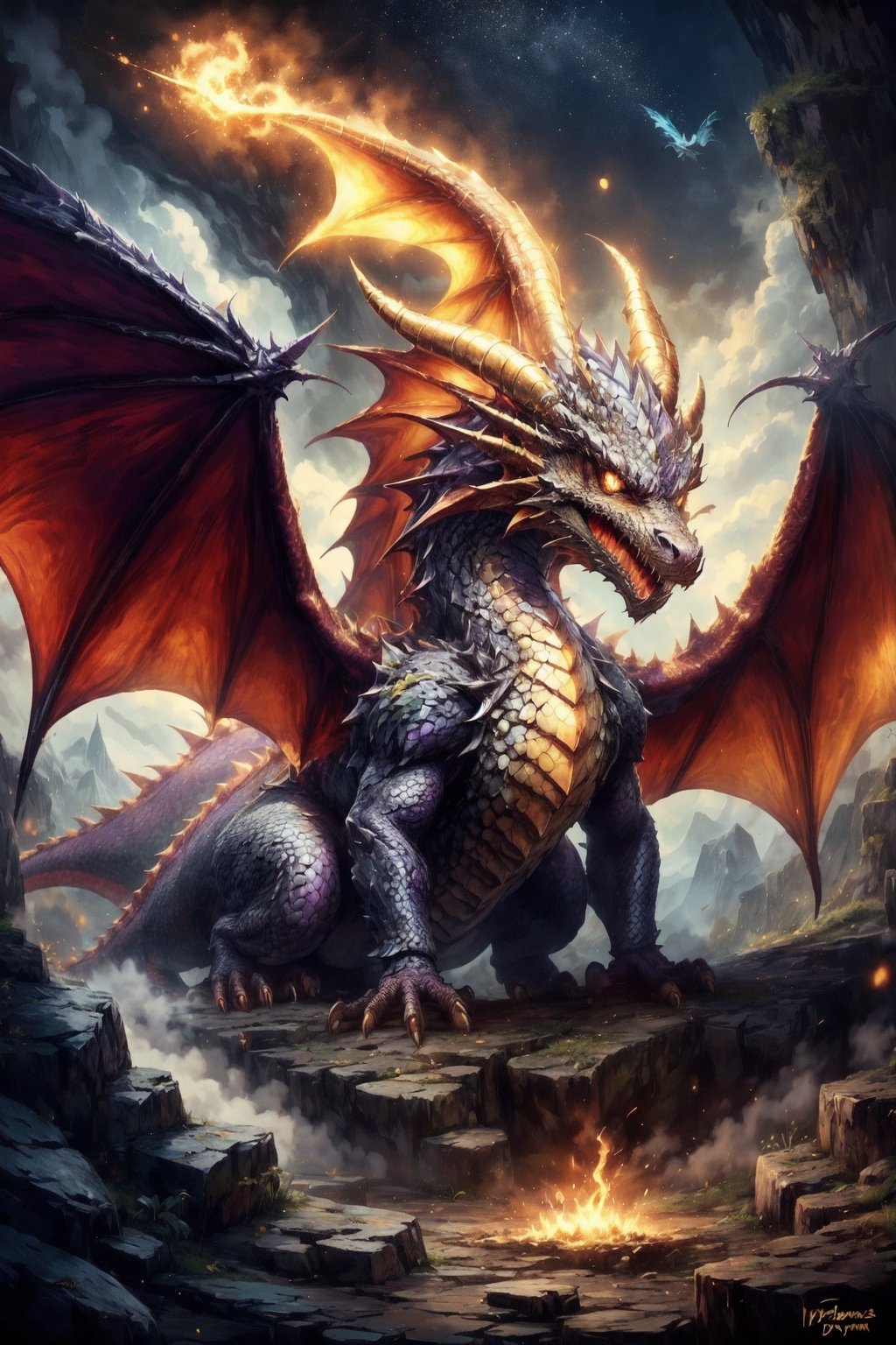 Generate hyper realistic DRAGON cub, Dragon cub made like the video game character Spyro, with dragon scales with a shiny purple and gold outline,  horns golden and two red wings,  it has four purple legs,  a charismatic personality,  a cunning look,  the dragon has the tip of its tail in the shape of a golden arrow