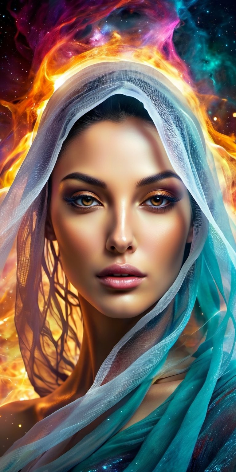 Generate hyper realistic image of a half-angel, half-devil woman veiled in the cosmic ether, where divine radiance and infernal flames intertwine seamlessly. Her presence echoes the harmony of opposing forces, set against a backdrop of swirling galaxies and cosmic energies.