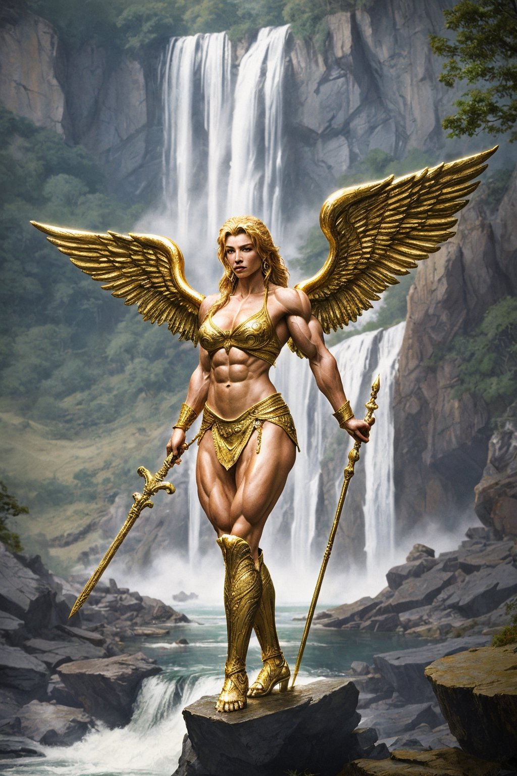 A muscular female Lionperson with wings totally made of  gold holding a large spear standing on a outcropping in front of a magnificent waterfall, Photorealistic quality