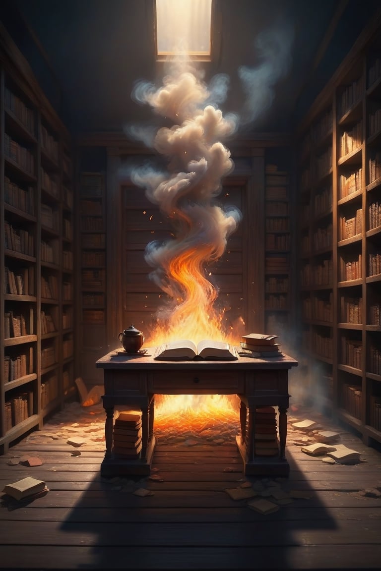 There is an old wooden desk in a small room under the dark sunlight. Old books of various sizes and colors are lined up on the desk.
A book rises into the air and burns to ashes