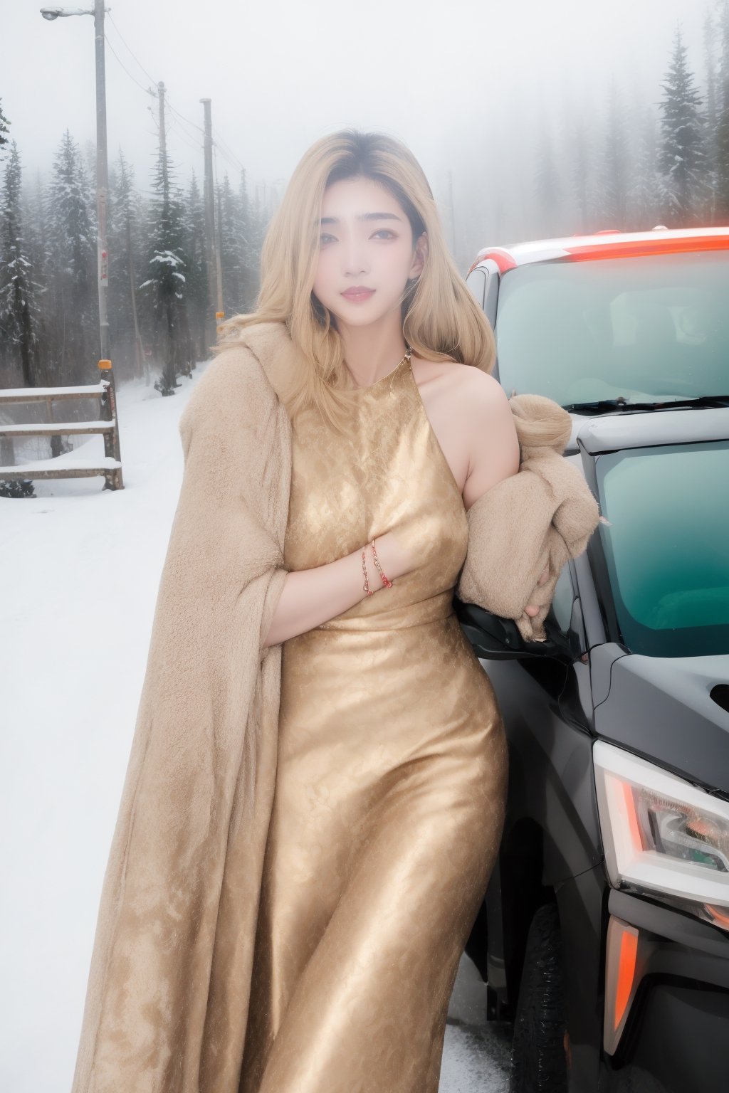 lovely  cute  young  attractive  indian  teenage  girl  in  a  pretty foreign dress,  23  years  old  ,  cute  ,  an  Instagram  model  ,  long  blonde_hair  ,  winter  ,  on the road  .  ,  „  Indian ,Jiang Shu Ying