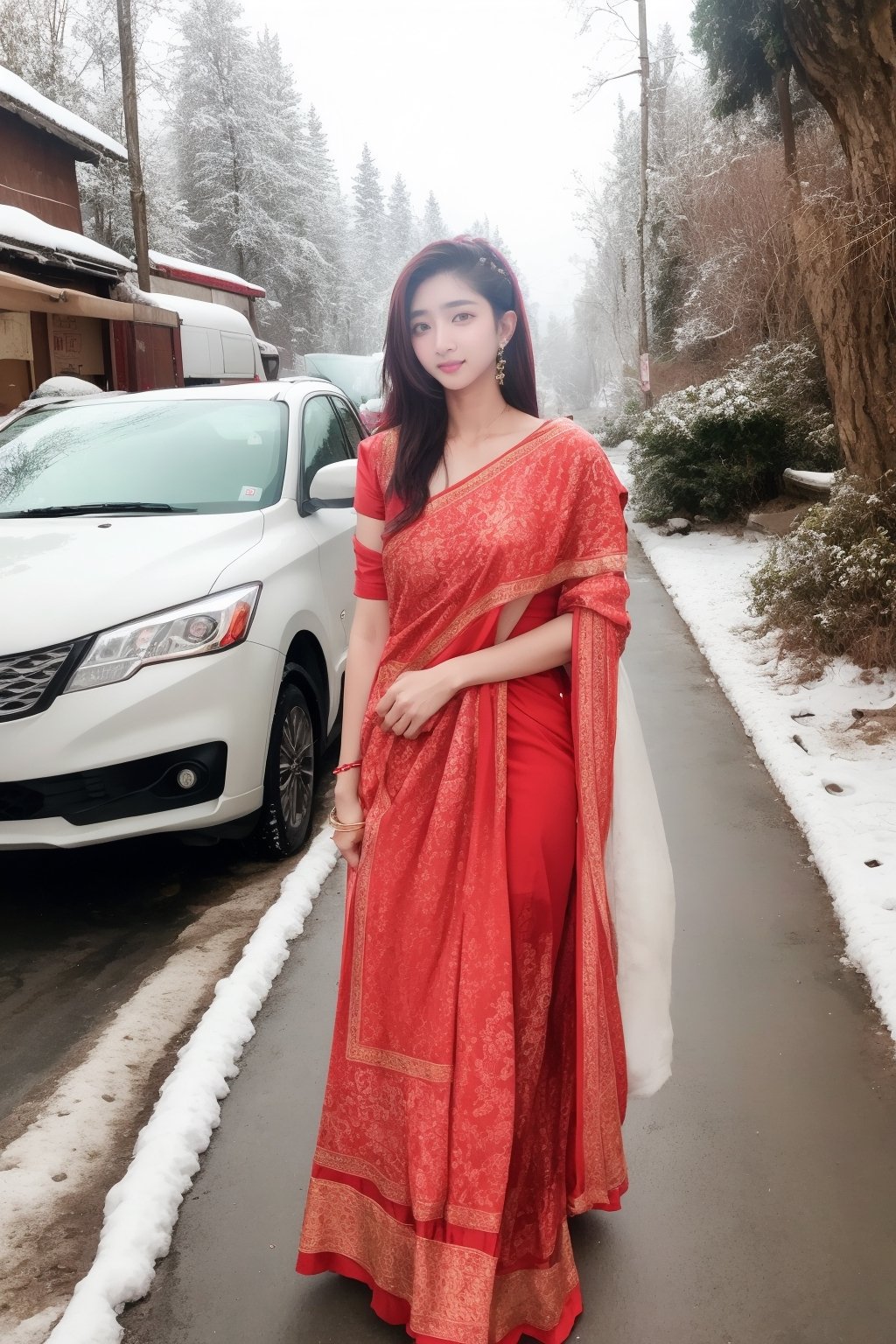 lovely  cute  young  attractive  indian  teenage  girl  in  a  pretty foreign dress,  23  years  old  ,  cute  ,  an  Instagram  model  ,  long  blonde_hair  ,  winter  ,  on the road  .  ,  „  Indian ,Jiang Shu Ying