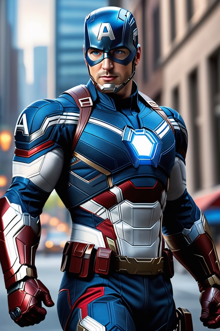 Photo realistic, full body, looking at camera, [Captain America], hero pose, well detailed blue eyes, medium shot, centered image, ultra detailed illustration, posing, 3D rendering, intricately detailed, HDR, 8K, subsurface scattering, specular lighting, high resolution, octane rendering, city background
swap wear to iron man armor,