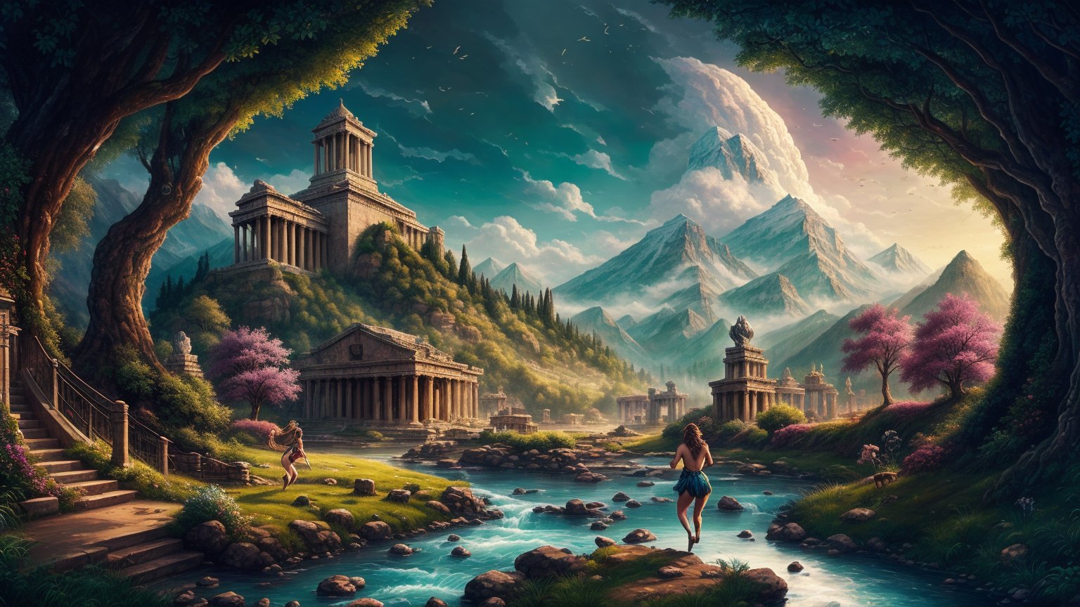 create an image of a landscape inspired by Greek mythology. The scene should feature a lush, verdant valley with ancient temples and statues of gods and goddesses scattered throughout. Include a crystal-clear river winding through the landscape, with Mount Olympus majestically rising in the background. The sky should be a brilliant blue with a few fluffy clouds, and mythical creatures like centaurs or nymphs can be subtly incorporated to enhance the mythical atmosphere. In the middle, there should be a beautiful woman running forward with her hair flowing beautifully.",Futuristic room,Nature,fantasy00d