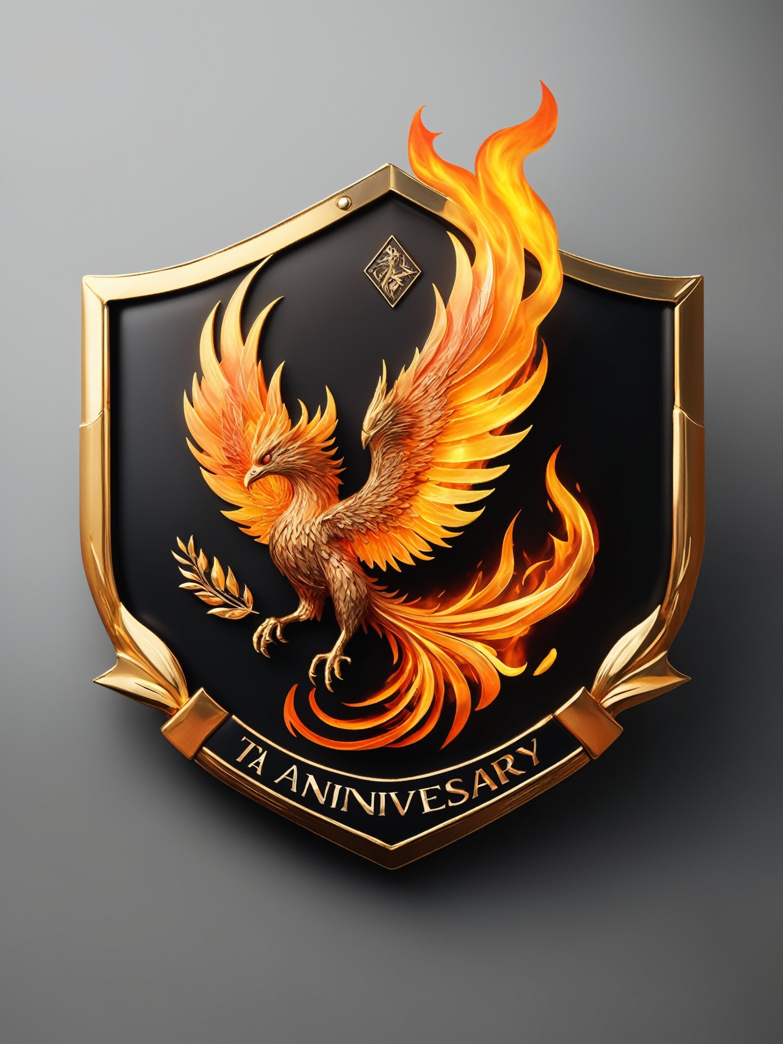 Masterpiece, realistic. High quality.
Badge. The burning flame has the shape of a phoenix,  With text: TA Anniversary, black background