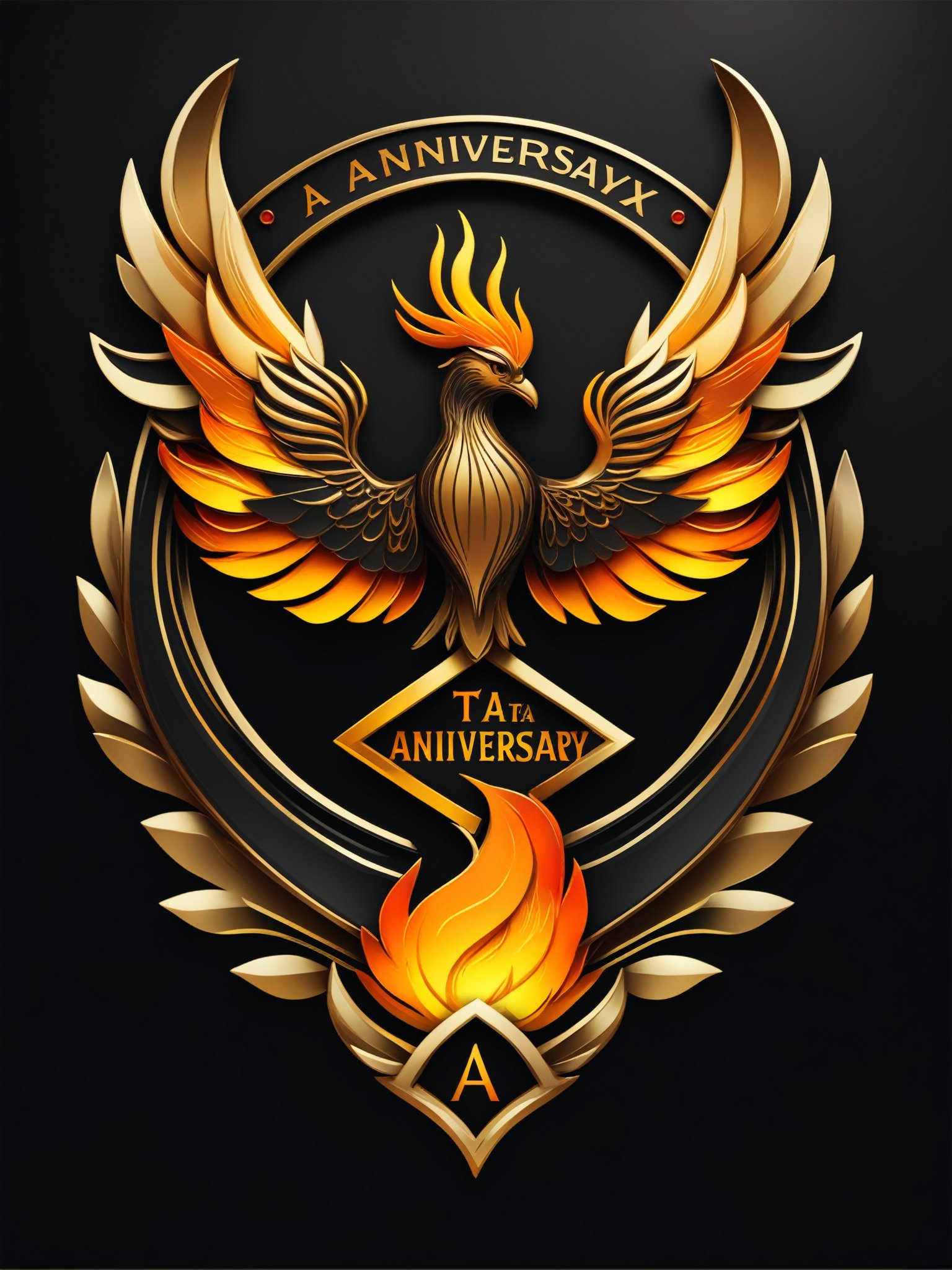 Masterpiece, realistic. High quality.
Badge. a symbol of The flame has the silhouette of a phoenix. With text: TA Anniversary, black background