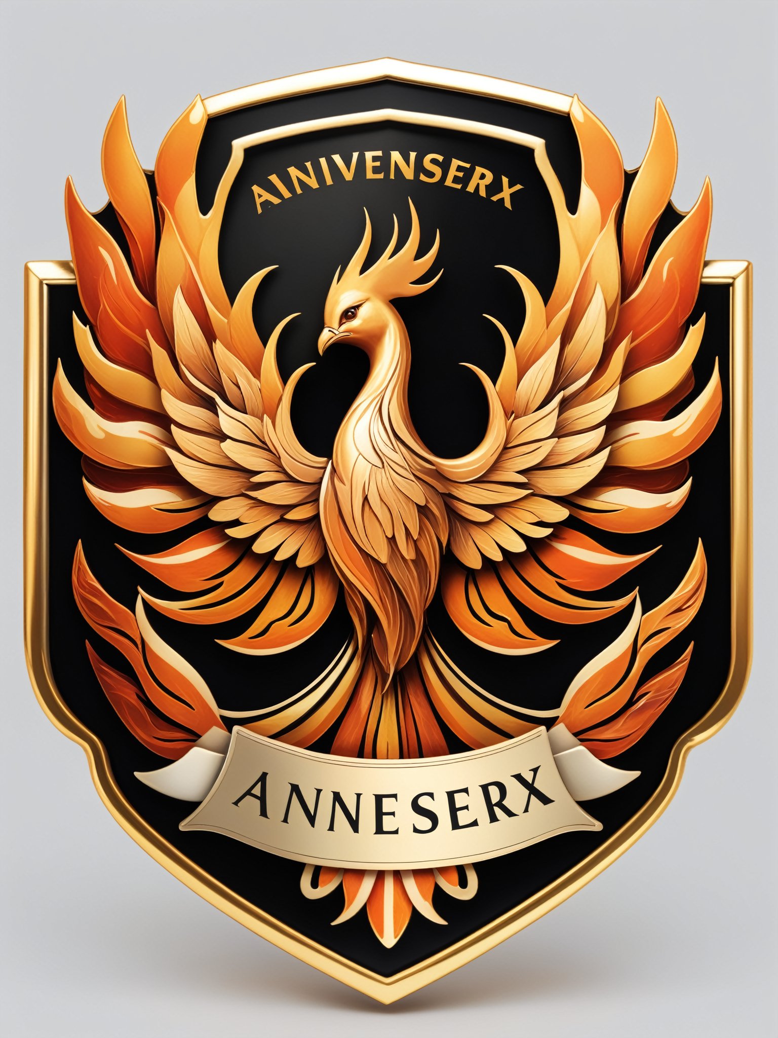 Masterpiece, realistic. High quality.
Badge. The central pattern is an outline of a phoenix composed of flames With text: TA Anniversary