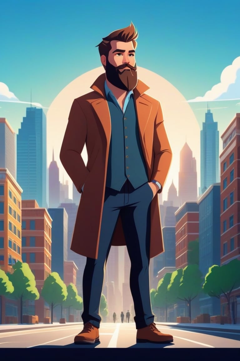 a man with a beard standing in front of a city, animation illustrative style, full body single character, design your own avatar, marketing game illustration, character illustration, professional character design, mobile game asset, corporate animation style, full body character design, single character full body, animated character design, male character, city background in silhouette