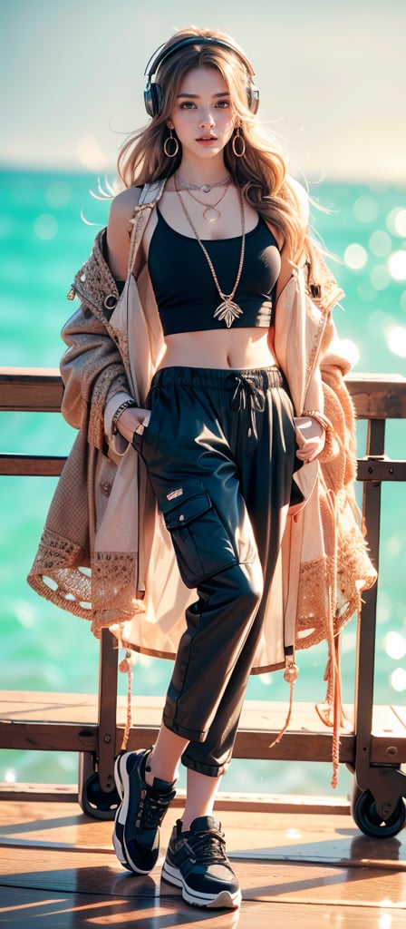 French girl,grey blonde hair(very long hair, curly_hair),hiphop dancer,wearing all black clothes (loose fit top and wide cargo pants),sneakers,headphone, sitting at sea bank,horizon,seaside,accessories(necklace,ear_rings),Best Quality, 32k, photorealistic, ultra-detailed, finely detailed, high resolution, perfect dynamic composition, beautiful detailed eyes, sharp-focus, cowboy_shot, 