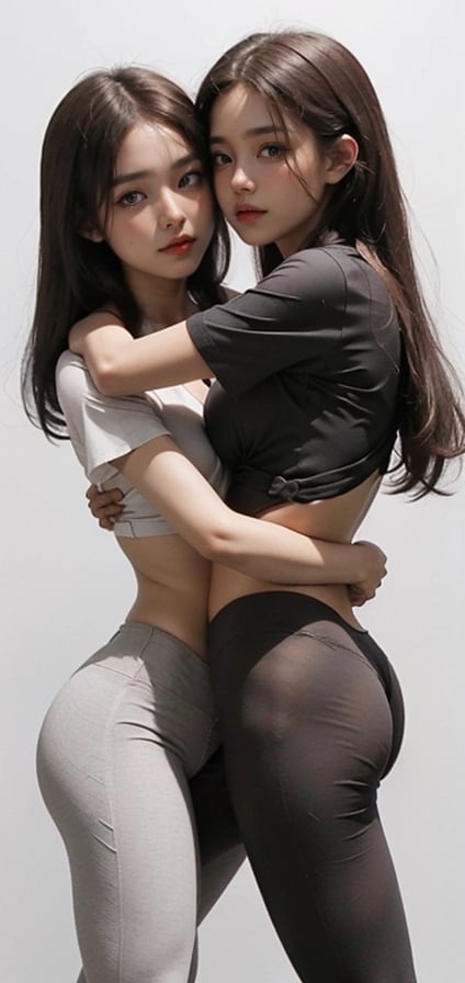 two sexy woman dressed in school uniforms hug each other warmly. The first woman is called Anna, she is 20 years old, she is 170cm height. (Anna has long, straight, black hair:1) The second woman is called Teresa, she is 19 years old, she is 168cm height (Teresa has light brown medium long straight hair:1.1). the two girls dress tight yoga pants, the two girls dress tight yoga bra, the two girls dress white sport shoes, (gym background:1) ((grey background:1)) ((grey details at background:1))

