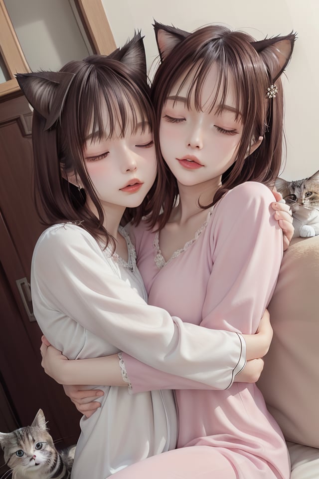 mikas
A beautiful lady in a nightgown who loves her pet cat and always sleeps with it is happily sleeping while hugging the cat.