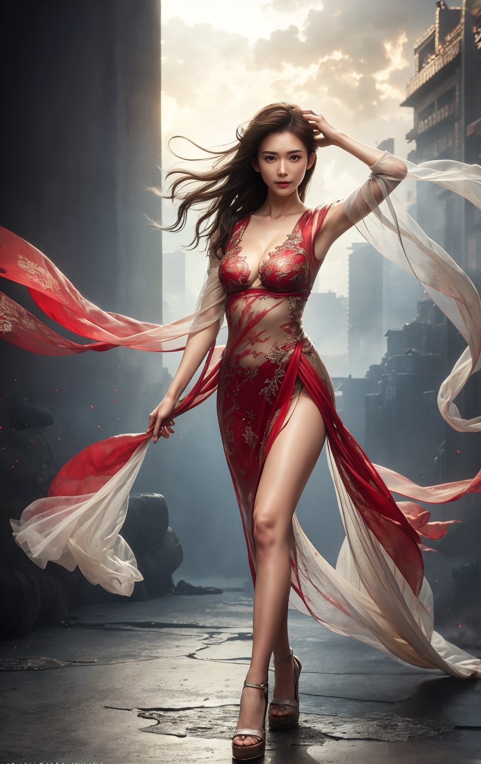Masterpiece, Best Quality, (Fujifilm XT3) ,dream_girl, dynamic expression, 8k uhd, high quality, film grain, (clear skin), hot model body, slender, sexy face, a full body portrait photograph of a nude 25yo Chinese girl, 1girl, wrapped in red ribbon, bow knot, wearing edgWrap, curtain background edgWrap, ((model pose)), (nude), hair blowing in the wind, hand in own hair, flash, no bra, no underwear, small breasts, breasts_exposed, nipple_exposed, full nipple, flash, no bra, no underwear, small breasts, perfect hand, perfect legs,  natural skin, long hair,  middle tight ass, eyes smile, (happy laugh:0.5),  body facing viewer, breast facing to camera, xuer Ancient Chinese armor