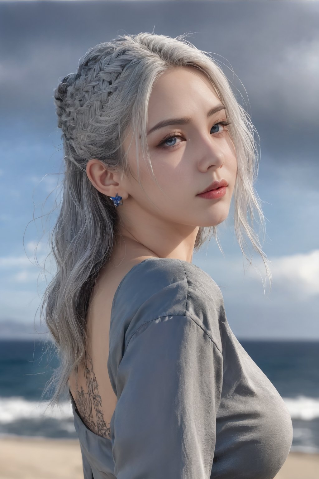 young adult girl, solo, looking at horizon, realistic, 8k, grey hair,long hair, blue eyes, lips, eyelashes, makeup, piercing, portrait, wide hips ,full body, eye focus,raidenshogundef,High detailed ,xxmixgirl,FilmGirl