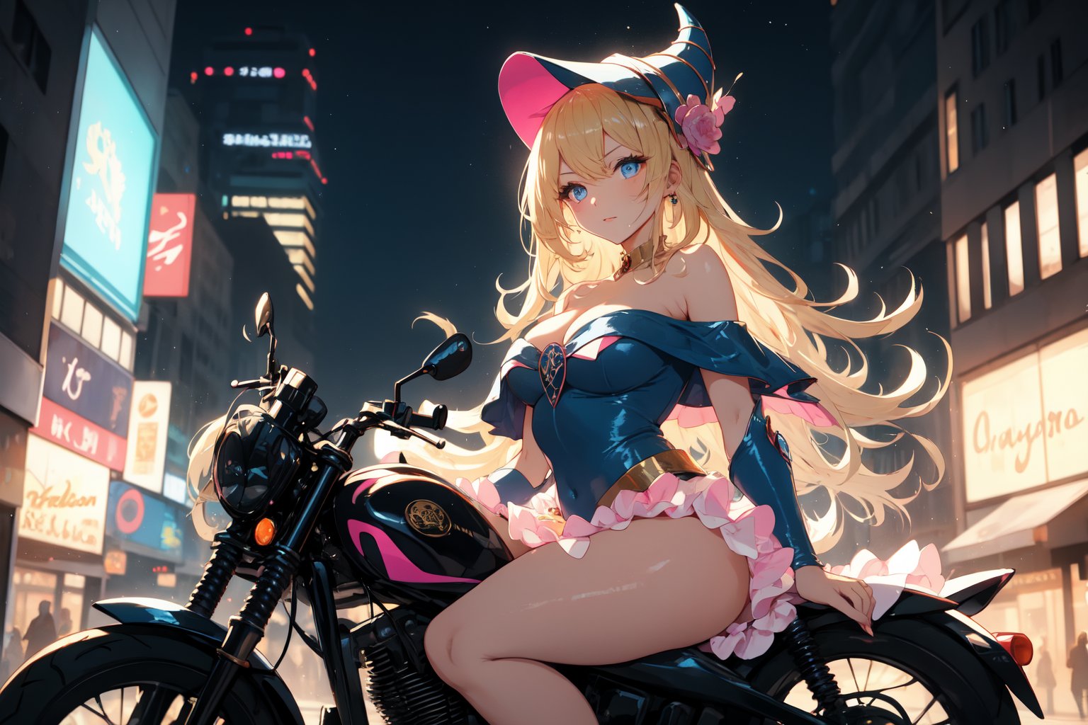 A sultry urban goddess astride a powerful motorcycle, bathed in vibrant neon city glow, confidently strikes a pose amidst towering skyscrapers. Neon hues illuminate the blue-pink frilled wedding dress clinging to her curves, showcasing the Wizard's hat-adorned bangs and off-shoulder design. blond long hair cascade down like a river, framing her striking features and golden hair flowing behind her. Piercing blue eyes gleam with mischief as she confronts the viewer beneath an ornate hair ornament on her flowing locks. City lights accentuate her features, highlighting a sugary sweet sensuality in this Sugimori Ken-inspired art piece.