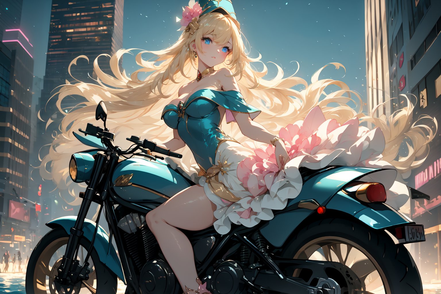 A sultry urban goddess astride a powerful motorcycle, bathed in vibrant neon city glow, confidently strikes a pose amidst towering skyscrapers. Neon hues illuminate the blue-pink frilled wedding dress clinging to her curves, showcasing the Wizard's hat-adorned bangs and off-shoulder design. blond long hair cascade down like a river, framing her striking features and golden hair flowing behind her. Piercing blue eyes gleam with mischief as she confronts the viewer beneath an ornate hair ornament on her flowing locks. City lights accentuate her features, highlighting a sugary sweet sensuality in this Sugimori Ken-inspired art piece.