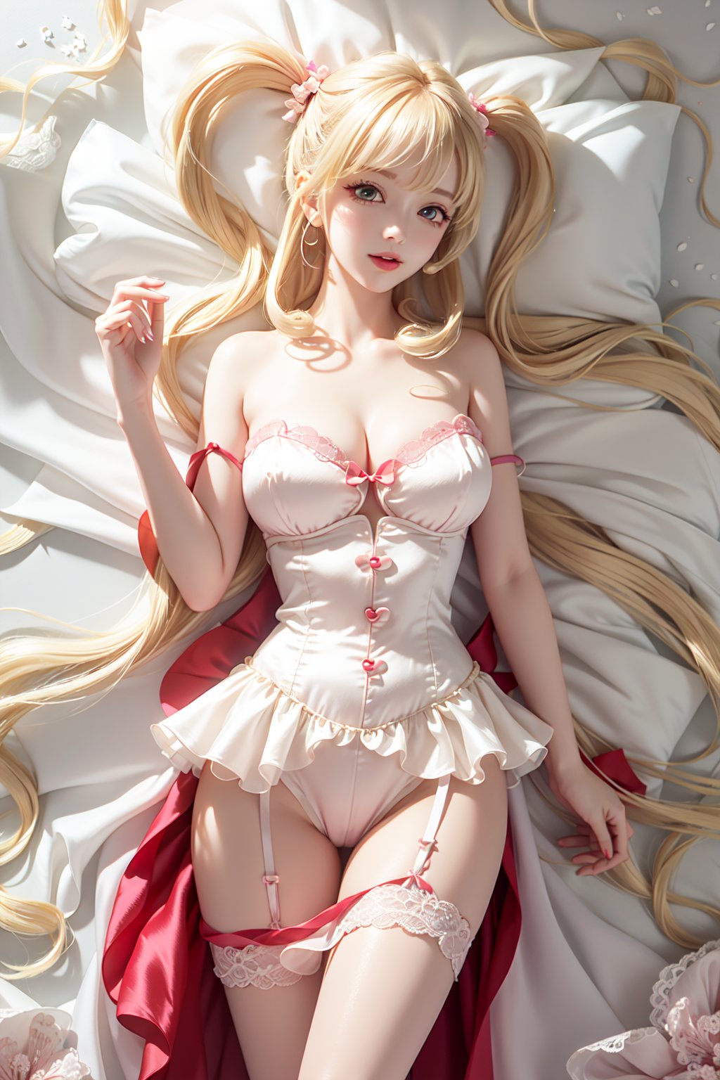 (( lying on back sleeping, Perfect body, silk nightgown with lace-trimmed, exposed high waist lace-trimmed panties, blond very long hair, Heart-shaped twintails 2.0)), 1girl, solo, looking at viewer, blush, smile, bangs, large breasts, bow, cleavage, bare shoulders, yellow eyes, standing, collarbone, thighs, cowboy shot, parted lips, bare arms, thigh gap, 