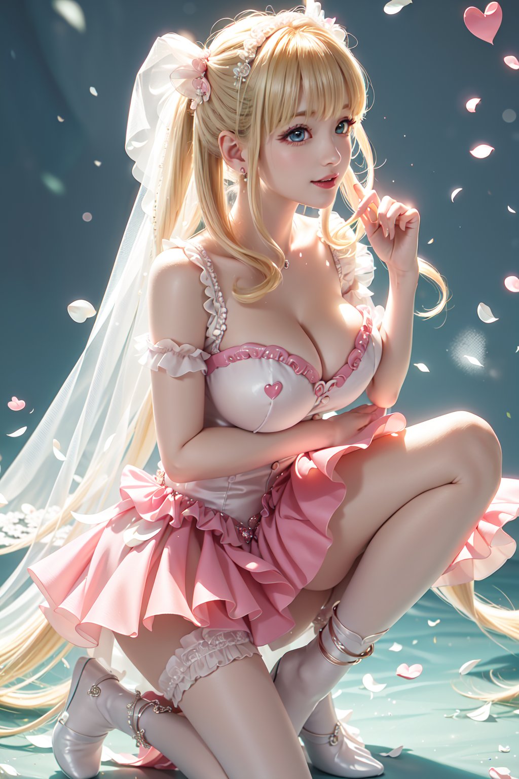 ((from front, Squating down, spread legs, hands on knees, butt, underwear, exposed breasts, She wears revealing pink frilled weeding dress, Wedding gown (veil), blond very long hair, Heart-shaped twintails, large breasts 2.0)), cute pose, large breasts, cleavage , blue eyes, (Masterpiece), full body shot, best quality, high resolution, highly detailed, detailed background, movie lighting, 1girl, idol, underbust, stage, stage lights, music, blush, sweet smile, sweat, concert, ruffles, confetti, hearts, hair accessories, hair bows, gems, jewelry, neon lights , bow tie , pointing, spotlight, sparkles, light particles, frame breasts, cross lace, white stockings,ryuubi,lift skirt,hmnl,floral dress, twintails