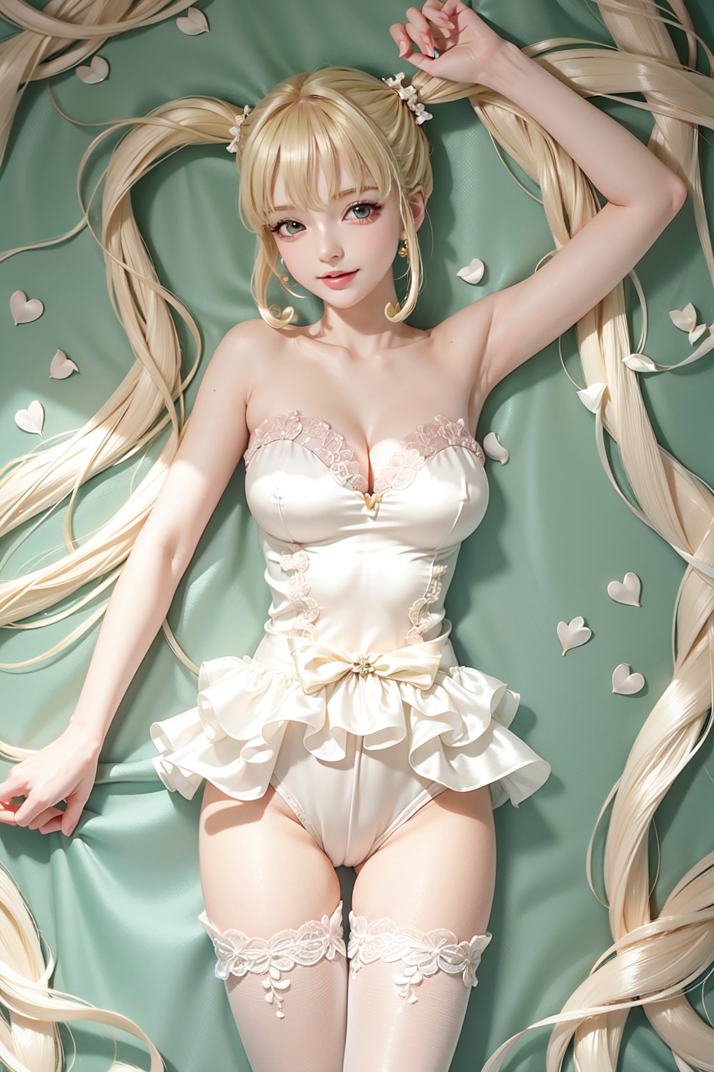 (( lying on back sleeping, Perfect body, one piece silk leotard with lace-trimmed,  blond very long hair, Heart-shaped twintails 2.0)), 1girl, solo, looking at viewer, blush, smile, bangs, large breasts, bow, cleavage, bare shoulders, yellow eyes, standing, collarbone, thighs, cowboy shot, parted lips, bare arms, thigh gap, 