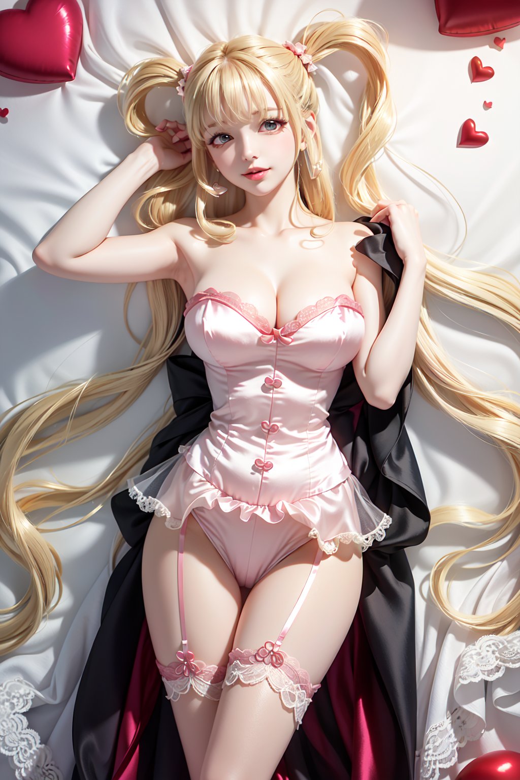 (( lying on back sleeping, Perfect body, silk nightgown with lace-trimmed, exposed black high waist lace-trimmed panties,  blond very long hair, Heart-shaped twintails 2.0)), 1girl, solo, looking at viewer, blush, smile, bangs, large breasts, bow, cleavage, bare shoulders, yellow eyes, standing, collarbone, thighs, cowboy shot, parted lips, bare arms, thigh gap, 
