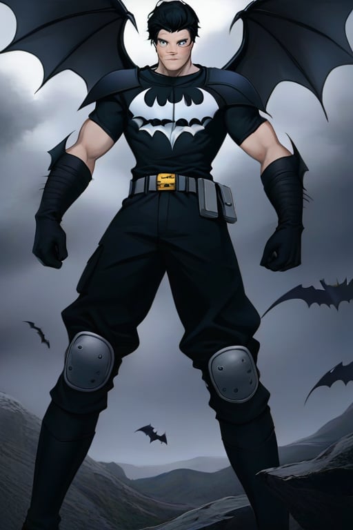 The animated version of Batman that belongs to the movie "Justice League x RWBY: Super Heroes & Huntsmen - Part 1" (He does have black hair, dark blue eyes, black pants, gray boots, gray metal knee pads, a gray breastplate with a black bat symbol on the front and underneath, a black long-sleeved t-shirt, black metal bat-shaped shoulder pads, gray armbands with 3 side blades on the sides, gloves blacks, a gray scarf, a gray utility belt and the age of 17), where Batman/Bruce Wayne is a "Bat Faunus" (Human being with two oversized black bat wings emerging from his back), in a landscape night with bats flying around.