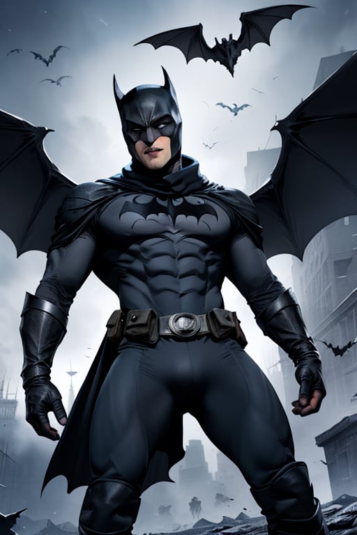 The animated version of Batman that belongs to the movie "Justice League x RWBY: Super Heroes & Huntsmen - Part 1" (He does have black hair, dark blue eyes, black pants, gray boots, gray metal knee pads, a gray breastplate with a black bat symbol on the front and underneath, a black long-sleeved t-shirt, black metal bat-shaped shoulder pads, gray armbands with 3 side blades on the sides, gloves blacks, a gray scarf, a gray utility belt and the age of 17), where Batman/Bruce Wayne is a "Bat Faunus" (Human being with two oversized black bat wings emerging from his back), in a landscape night with bats flying around,