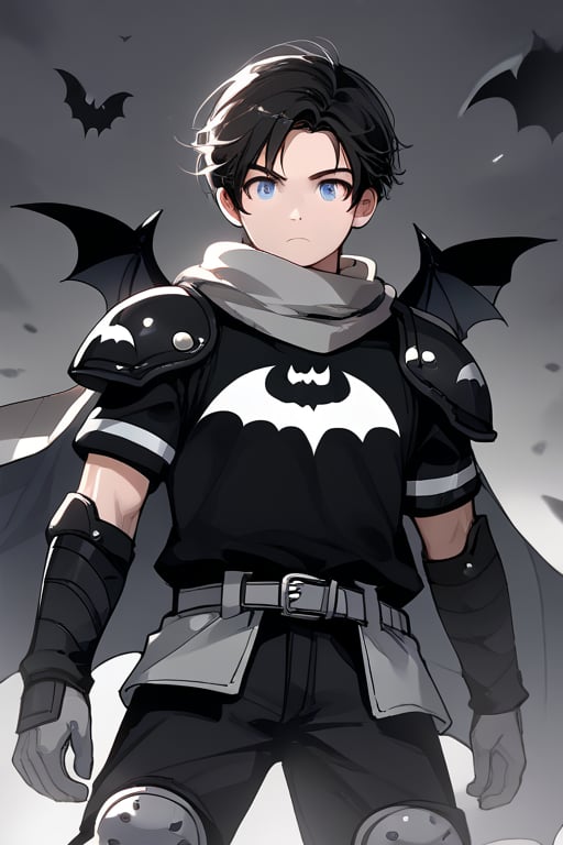 The animated version of Batman that belongs to the movie "Justice League x RWBY: Super Heroes & Huntsmen - Part 1" (He does have black hair, dark blue eyes, black pants, gray boots, gray metal knee pads, a gray breastplate with a black bat symbol on the front and underneath, a black long-sleeved t-shirt, black metal bat-shaped shoulder pads, gray armbands with 3 side blades on the sides, gloves blacks, a gray scarf, a gray utility belt and the age of 17), where Batman/Bruce Wayne is a "Bat Faunus" (Human being with two oversized black bat wings emerging from his back), in a landscape night with bats flying around.