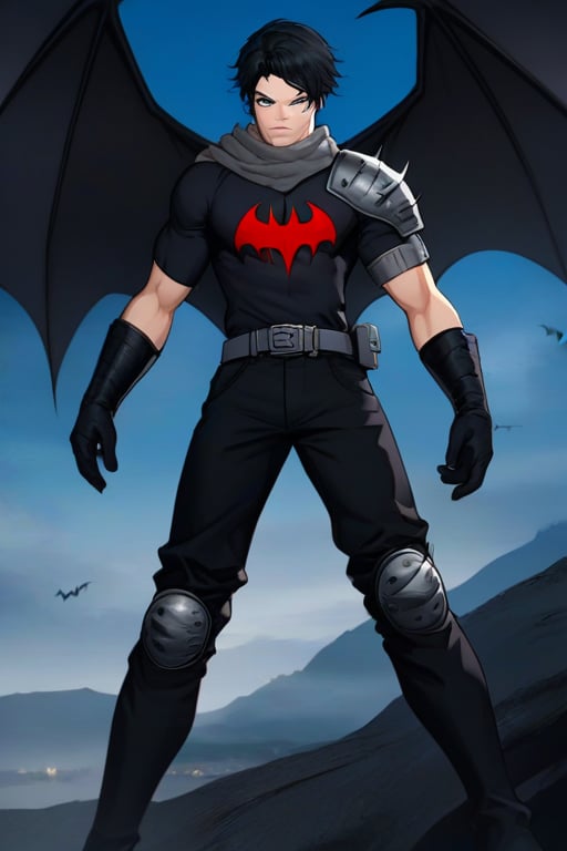 The animated version of Batman that belongs to the movie "Justice League x RWBY: Super Heroes & Huntsmen - Part 1" (He does have black hair, dark blue eyes, black pants, gray boots, gray metal knee pads, a gray breastplate with a black bat symbol on the front and underneath, a black long-sleeved t-shirt, black metal bat-shaped shoulder pads, gray armbands with 3 side blades on the sides, gloves blacks, a gray scarf, a gray utility belt and the age of 17), where Batman/Bruce Wayne is a "Bat Faunus" (Human being with two oversized black bat wings emerging from his back), in a landscape night with bats flying around.,tag score