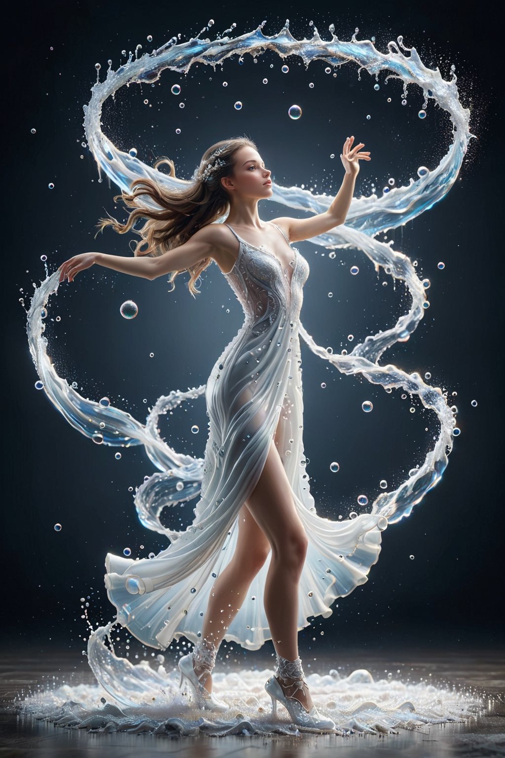 create a beautiful ukraine girl dancing with mik splash wedding dress , splashed,spray ,spray from two side  , subsurface scattering, translucent, 100mm,Movie Still,detailmaster2,Film Still,make_3d,aesthetic portrait,eyes shoot , full body , ballet pose , 1girl , beauty nose and mouth , A-line , flying wrap dress, secret,liquid dress,watce , background in dark studio , one_hand_raised , skirt vanish in another side  , dress look more liquid , tall girl , white water ,  milk white , backdround with fantasy color bubbles,eyes shoot