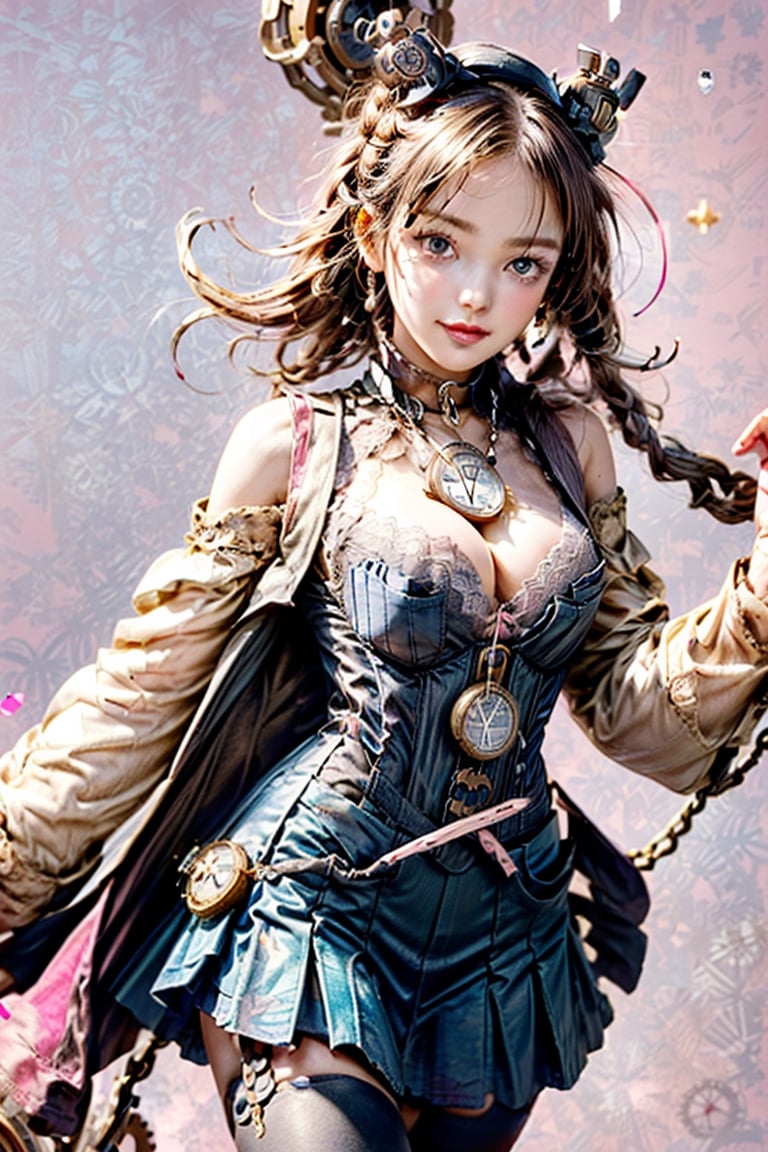 Masterpiece, beautiful details, perfect focus, uniform 8K wallpaper, high resolution, exquisite texture in every detail, (pocket watch on pink background, many gears floating: 2), (upper body from chest to head: 1.5 ), (leaning forward:1.5),
1 girl, (brown hair, bun hairstyle: 1.5), blue eyes, clear sparkling deep eyes, smile, happy, open mouth, off-shoulder,
break
(steampunk aviator explorer), Victorian elegance,
break
victorian long coat,
Choose a Victorian-style long coat with intricate patterns and details, with a touch of steampunk.
(Lace corset and skirt: 1.3),
Complement your coat with a lace corset and layered skirt to add Victorian elegance.
knee high boots,
break
Choose knee-high boots with buckles to enhance your steampunk aesthetic and give you a sense of adventure.
vintage explorer accessories,
Complete your steampunk aviator look by accessorizing with vintage explorer items like a pocket watch, compass, and leather satchel.
break
1girl,perfect light