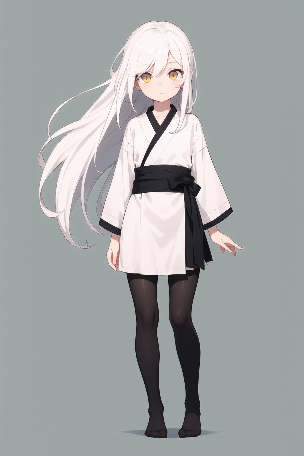 golden eyes, white hair, Highly detailed, midjourney, perfecteyes, long hair, female, small body, cyan background, short white robe, no shoes, black tights, long sidebangs, straight hair, black sash, frontal view, standing straight