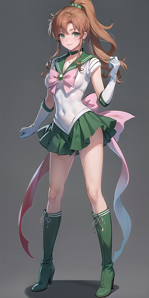 (solo, full body, front view), SMJupiter, SMJupiterOutfit, ponytail, green sailor collar, green skirt, sailor senshi uniform, knee boots, green boots, skin-tight, tall body, slim body, standing, looking at the viewer, smiling, green background, simple background