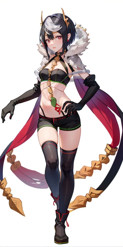 (solo, full body, front view), maouariel, gloves, black gloves, elbow gloves, fur trim, jewelry, thighhighs, shorts, black shorts, cape, navel, midriff, tall body, slim body, standing, one hand on hip, (smiling), looking at the viewer, white background