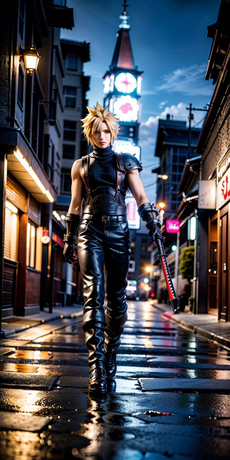 High Quality, Masterpiece, IncrsBrknGls, reflection, , cloud strife, shoulder armor, sleeveless turtleneck, suspenders, belt, gloves, bracer, , solo, 1boy, look at the viewer, midbody, holding buster sword, 1st soldier, daytime street background